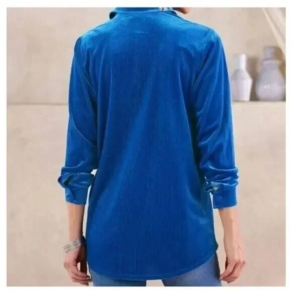 Soft Surroundings Ribbed Metallic Blue Velvet Boyfriend Tunic Button Shirt LARGE - Picture 3 of 9